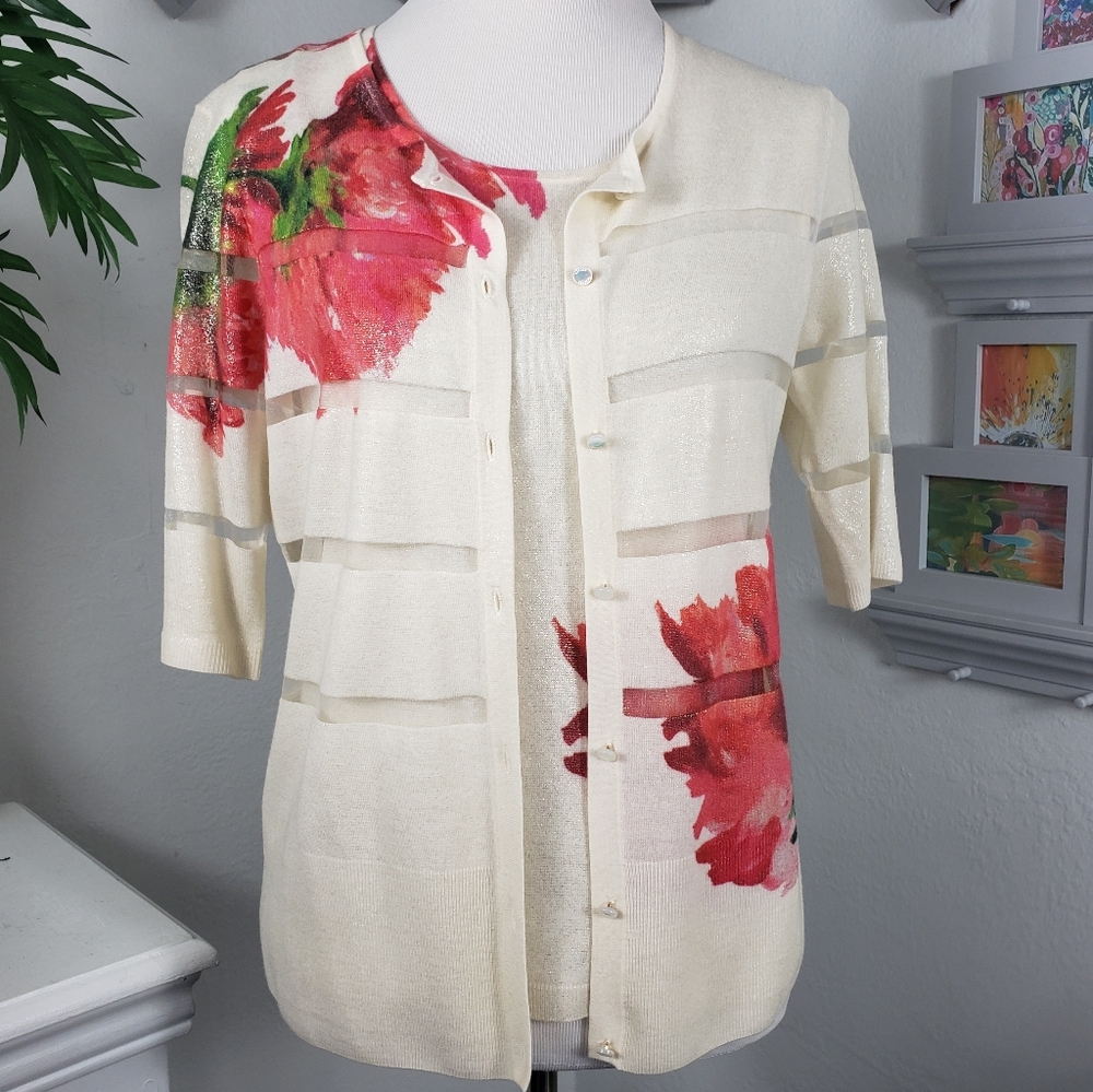 Escada 2p Set w/ Red Shimmering Floral - Short Sleeve Vintage Grandma Feminine M